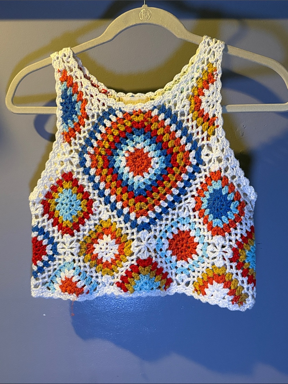 Altar'd State White Crochet Crop Top with Multicolor Medallions